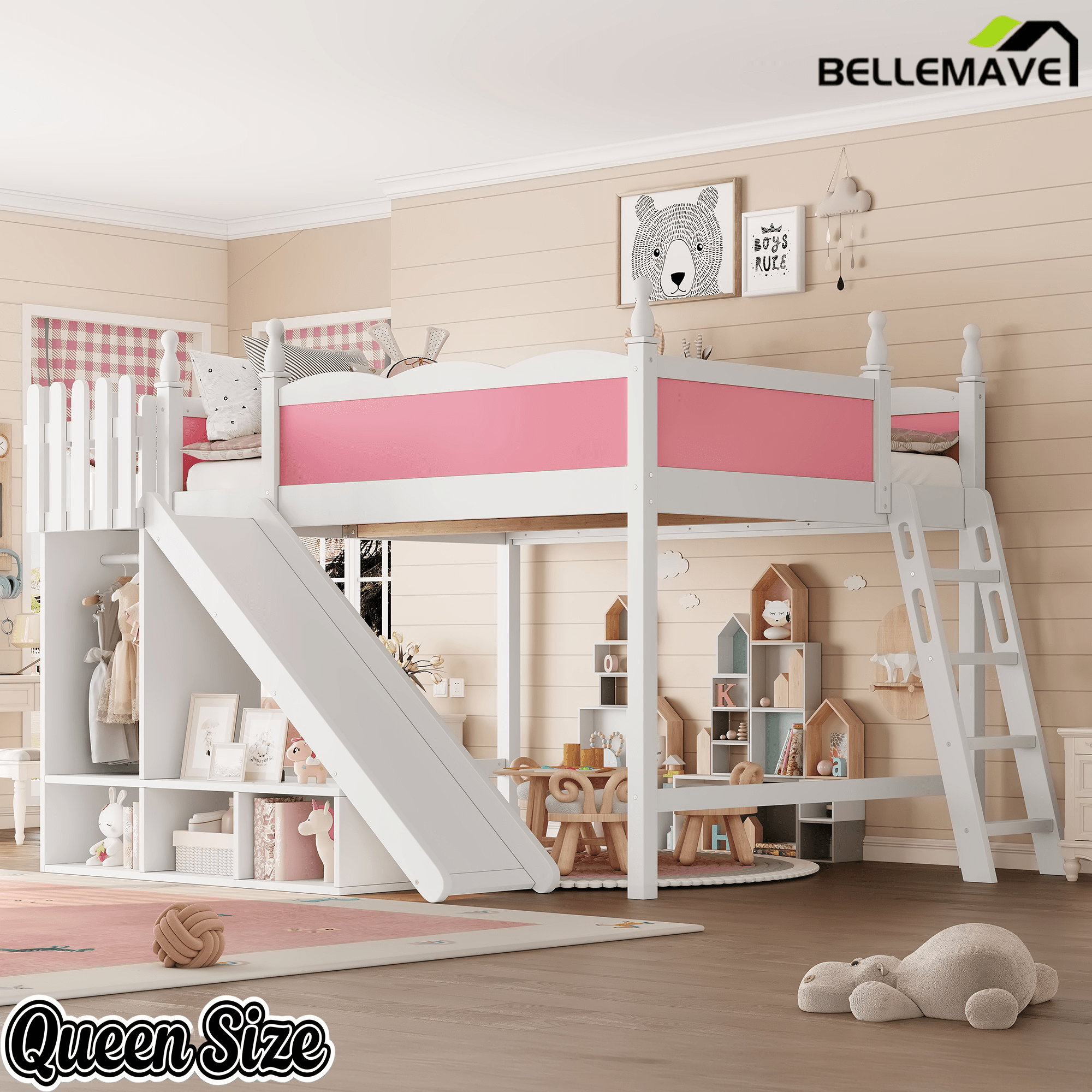 Bellemave® Kids Loft Bed with Storage Shelves & Wardrobe, Solid Wood Loft Bed Frame with Detachable Slide & Ladder for Girls & Boys - Bellemave