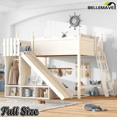 Bellemave® Kids Loft Bed with Storage Shelves & Wardrobe, Solid Wood Loft Bed Frame with Detachable Slide & Ladder for Girls & Boys - Bellemave