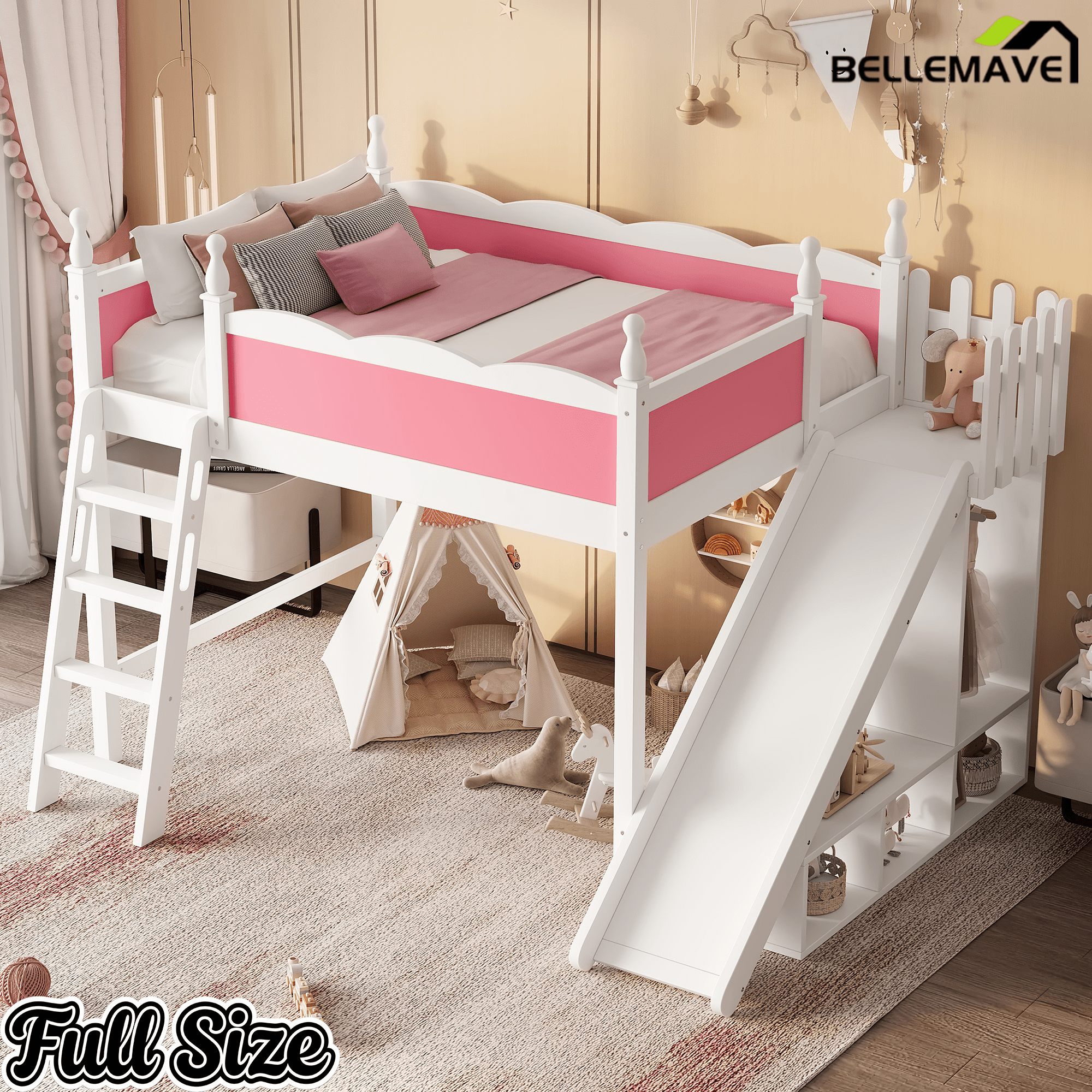 Bellemave® Kids Loft Bed with Storage Shelves & Wardrobe, Solid Wood Loft Bed Frame with Detachable Slide & Ladder for Girls & Boys - Bellemave
