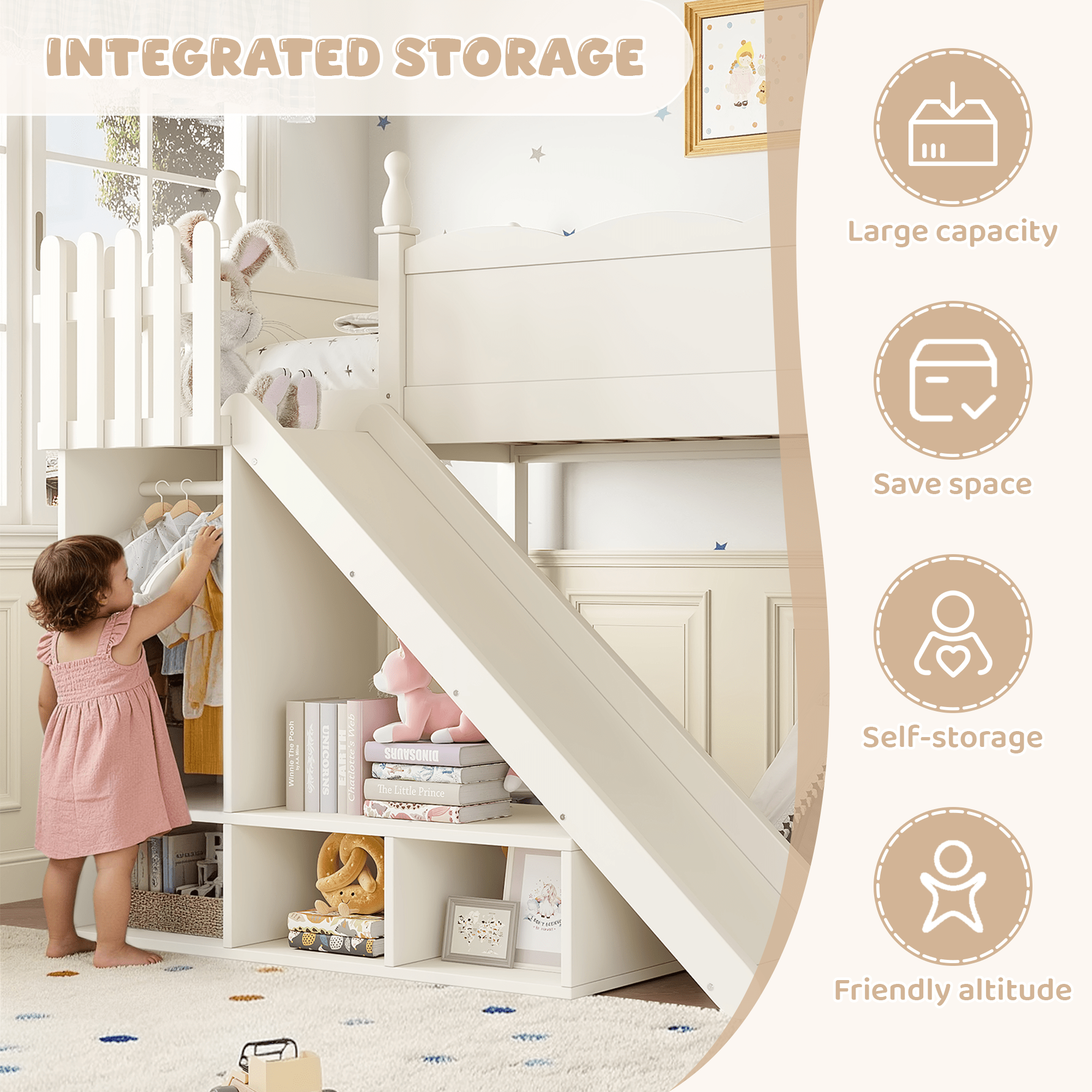 Bellemave® Kids Loft Bed with Storage Shelves & Wardrobe, Solid Wood Loft Bed Frame with Detachable Slide & Ladder for Girls & Boys - Bellemave
