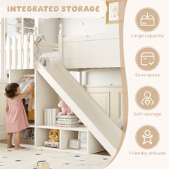 Bellemave® Kids Loft Bed with Storage Shelves & Wardrobe, Solid Wood Loft Bed Frame with Detachable Slide & Ladder for Girls & Boys - Bellemave