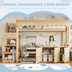 Bellemave® Kids Loft Bed with Storage Stairs, Solid Wood Playhouse Loft Bed with Convertible Play Space, Natural - Bellemave