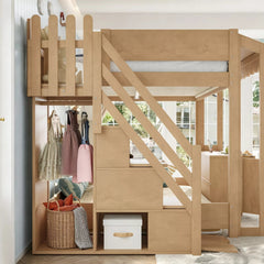 Bellemave® Kids Loft Bed with Storage Stairs, Solid Wood Playhouse Loft Bed with Convertible Play Space, Natural - Bellemave