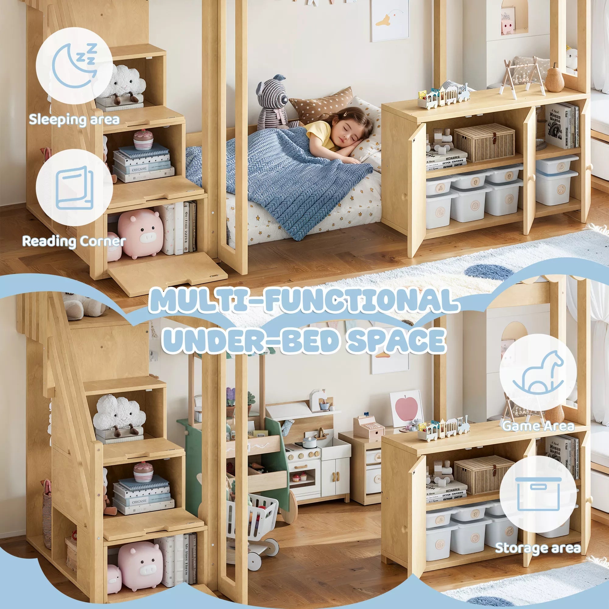 Bellemave® Kids Loft Bed with Storage Stairs, Solid Wood Playhouse Loft Bed with Convertible Play Space, Natural - Bellemave