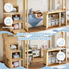 Bellemave® Kids Loft Bed with Storage Stairs, Solid Wood Playhouse Loft Bed with Convertible Play Space, Natural - Bellemave