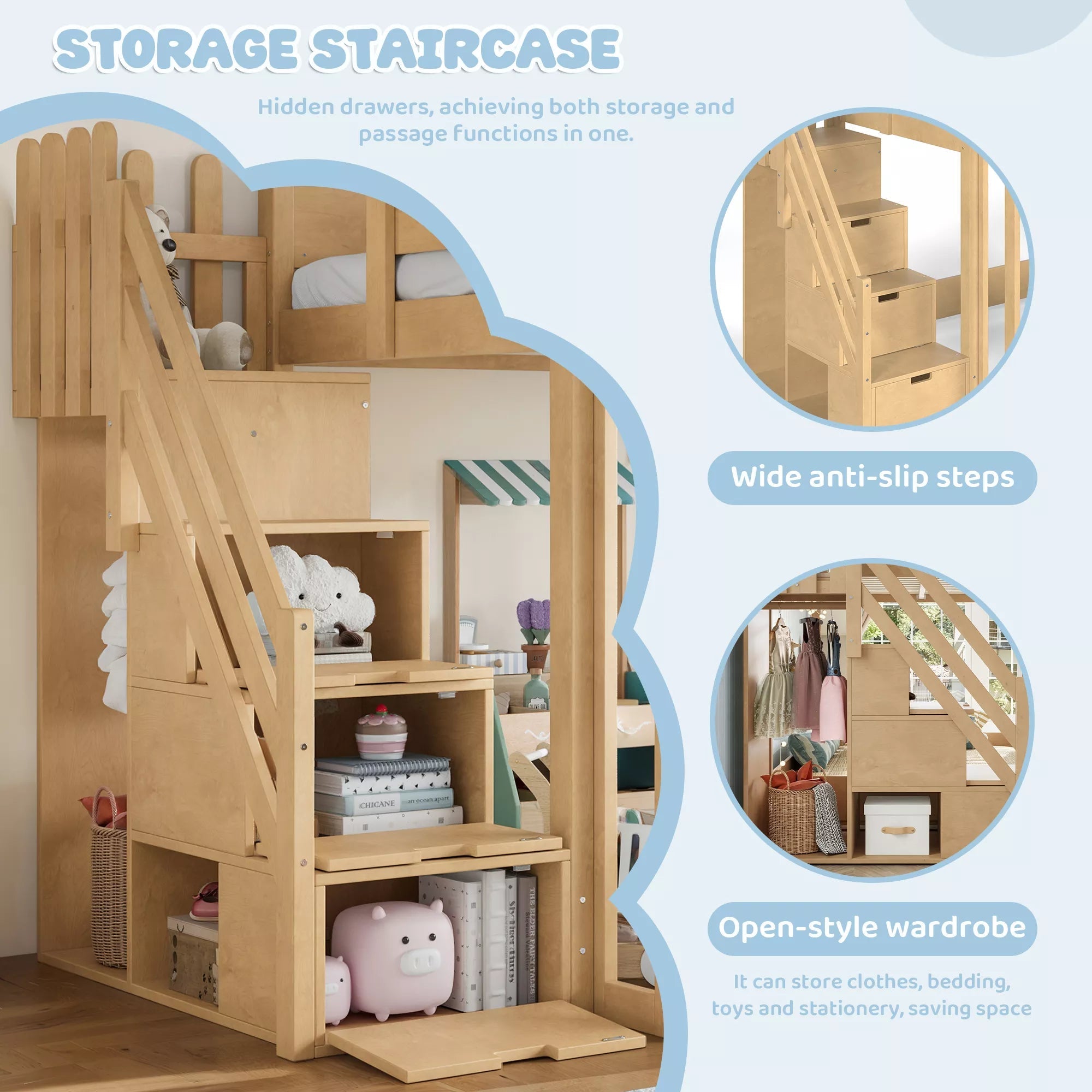 Bellemave® Kids Loft Bed with Storage Stairs, Solid Wood Playhouse Loft Bed with Convertible Play Space, Natural - Bellemave