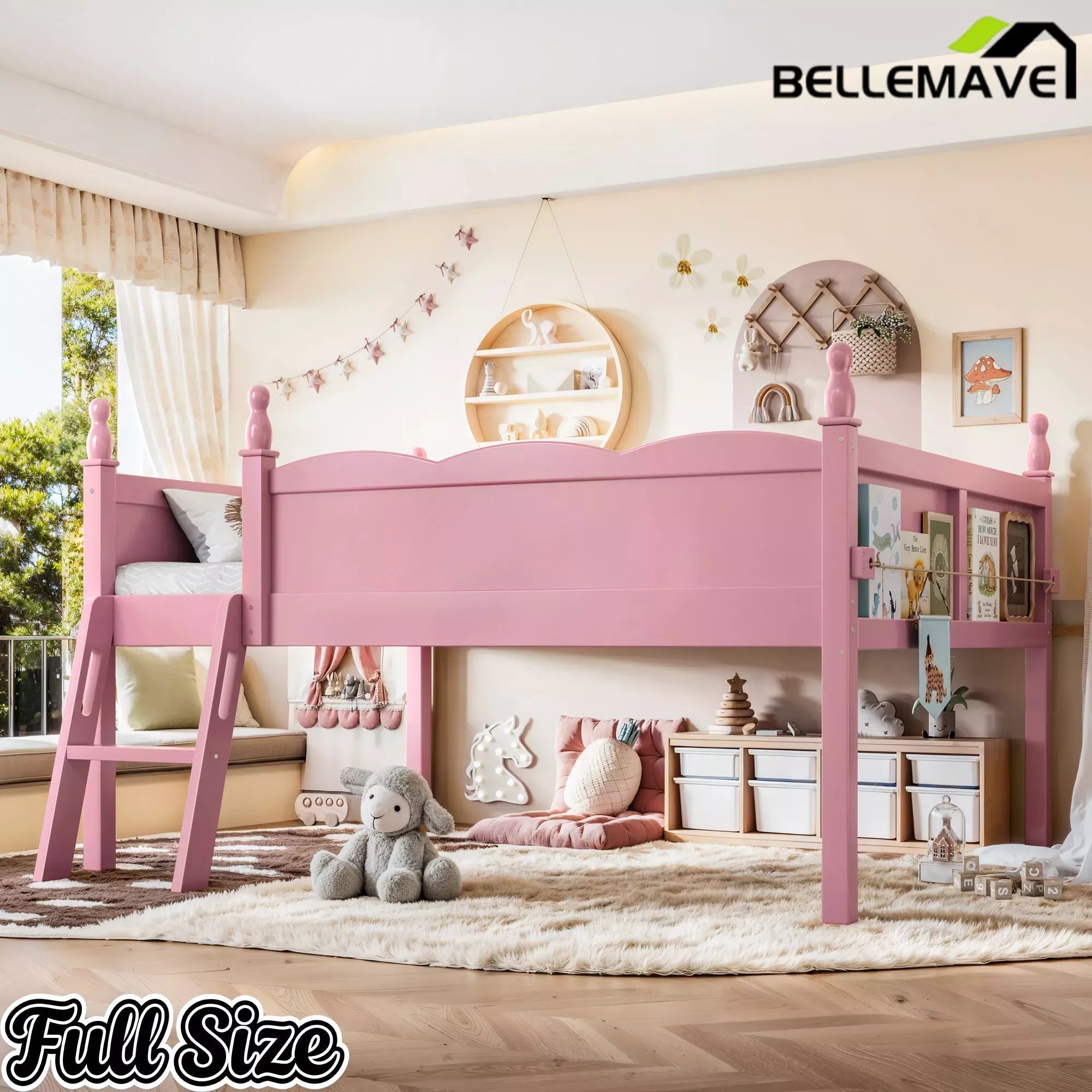 Bellemave® Kids Low Loft Bed with Bookshelf for Girls & Boys - Bellemave