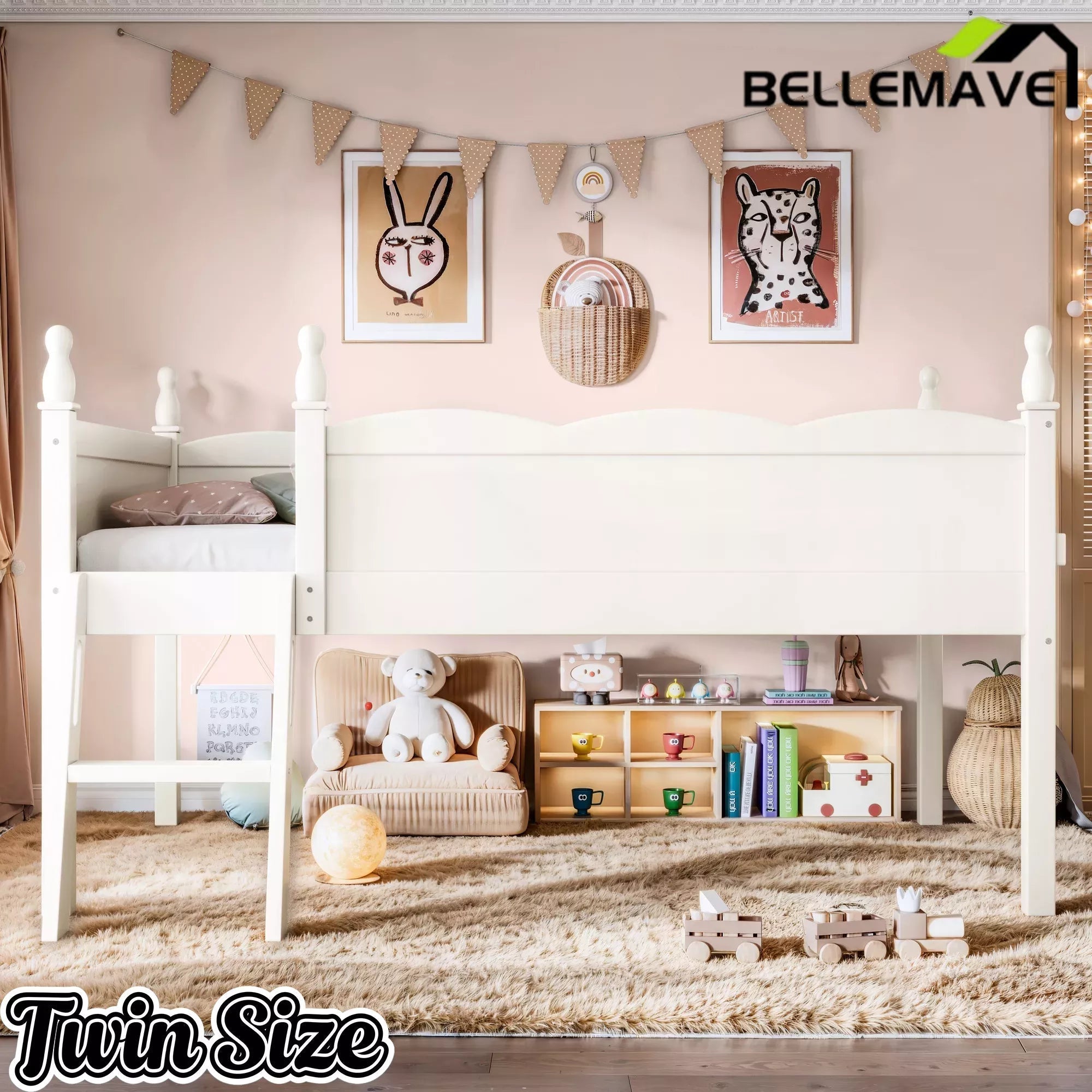 Bellemave® Kids Low Loft Bed with Bookshelf for Girls & Boys - Bellemave