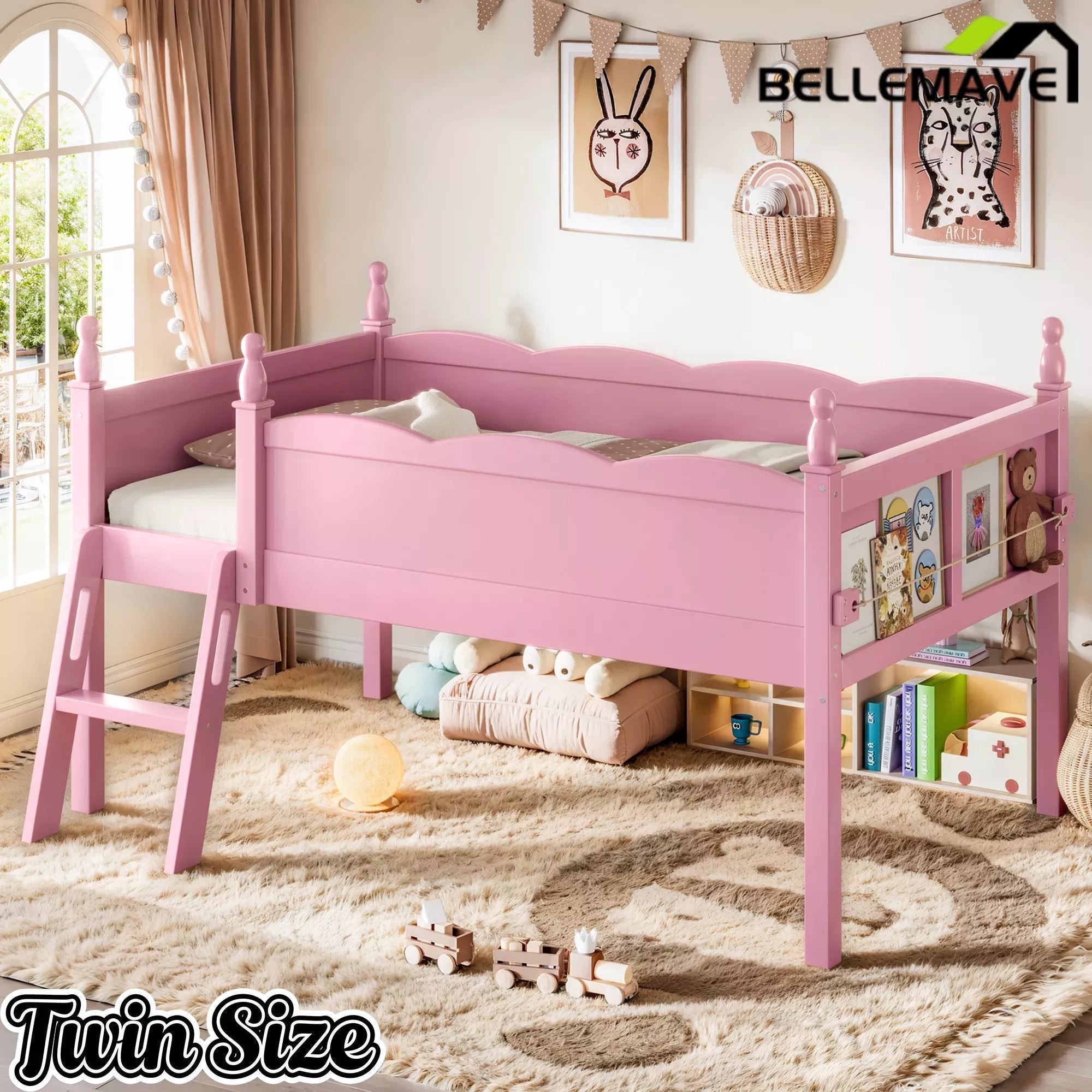 Bellemave® Kids Low Loft Bed with Bookshelf for Girls & Boys - Bellemave