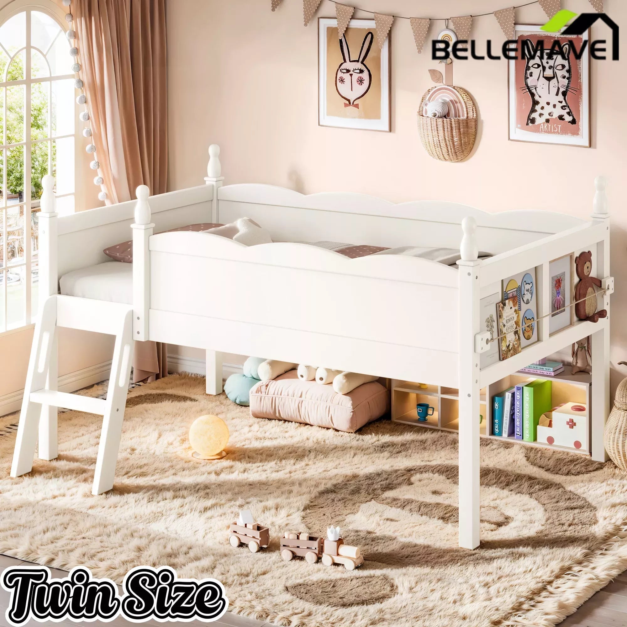 Bellemave® Kids Low Loft Bed with Bookshelf for Girls & Boys - Bellemave