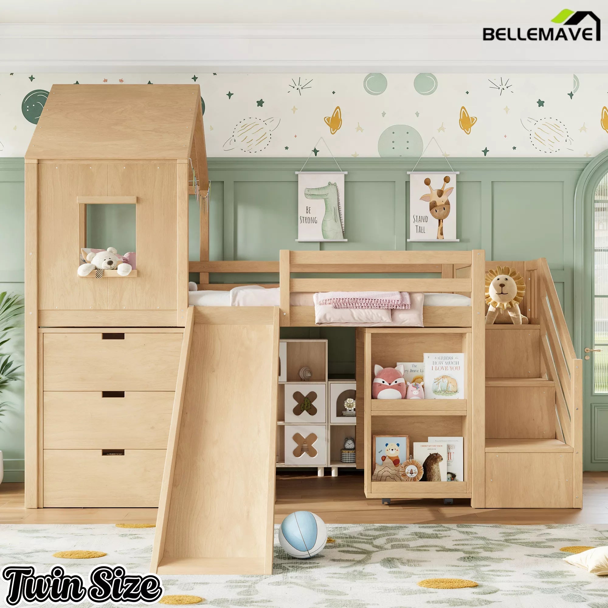 Bellemave® Kids Low Loft Bed with Slide, Storage Drawers & Desk, Playhouse House Bed with Stairs - Bellemave