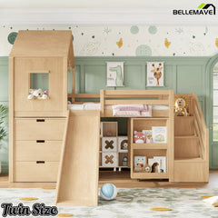 Bellemave® Kids Low Loft Bed with Slide, Storage Drawers & Desk, Playhouse House Bed with Stairs - Bellemave