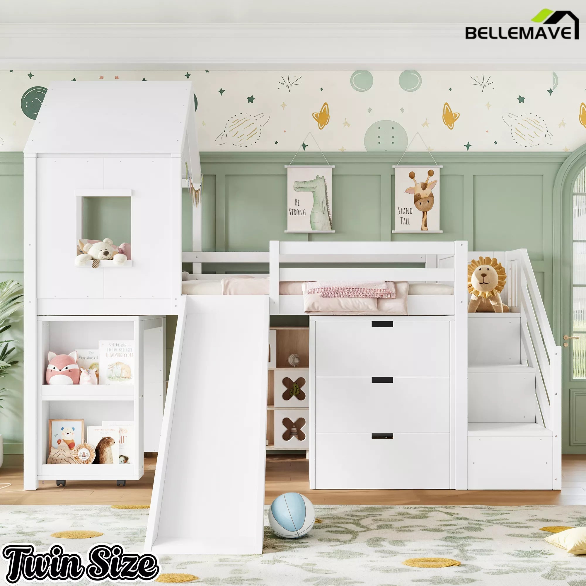 Bellemave® Kids Low Loft Bed with Slide, Storage Drawers & Desk, Playhouse House Bed with Stairs - Bellemave
