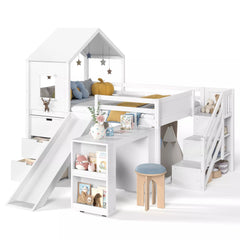 Bellemave® Kids Low Loft Bed with Slide, Storage Drawers & Desk, Playhouse House Bed with Stairs - Bellemave