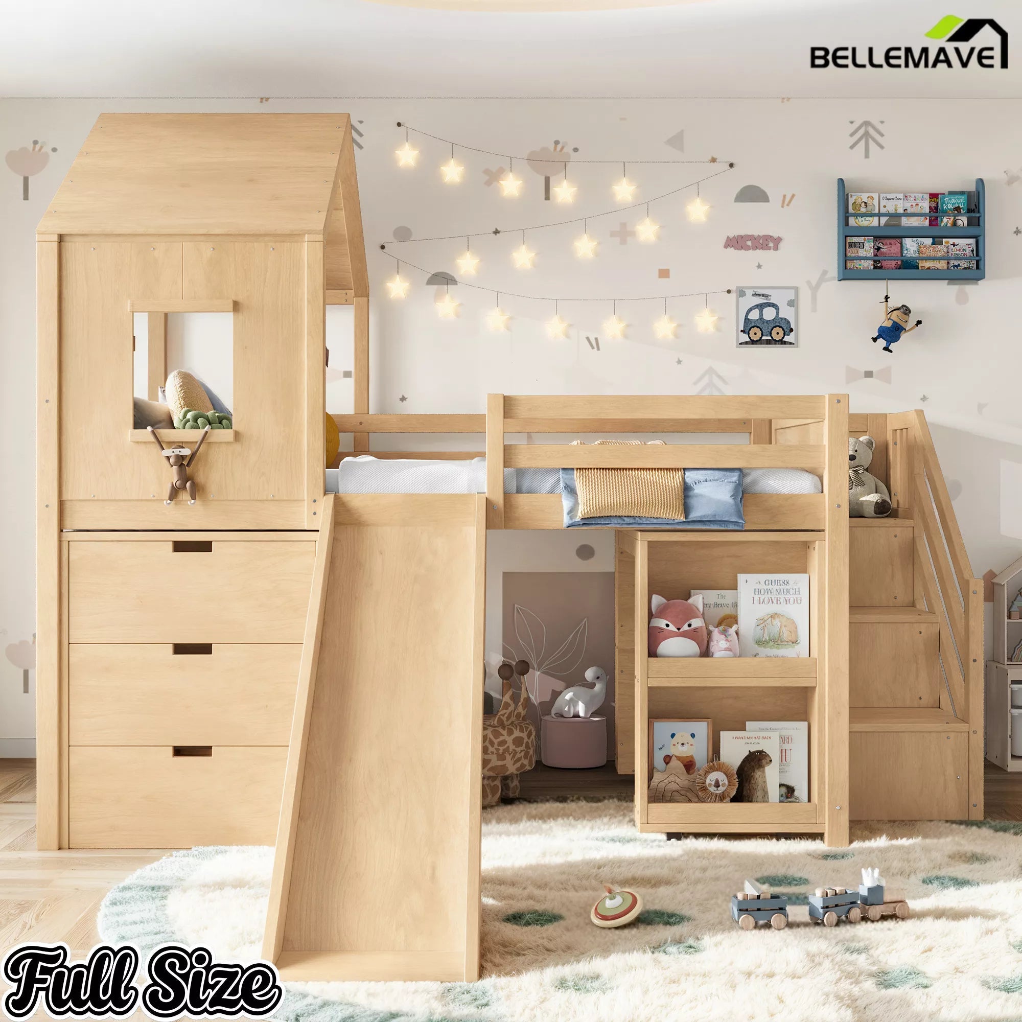 Bellemave® Kids Low Loft Bed with Slide, Storage Drawers & Desk, Playhouse House Bed with Stairs - Bellemave