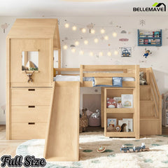 Bellemave® Kids Low Loft Bed with Slide, Storage Drawers & Desk, Playhouse House Bed with Stairs - Bellemave