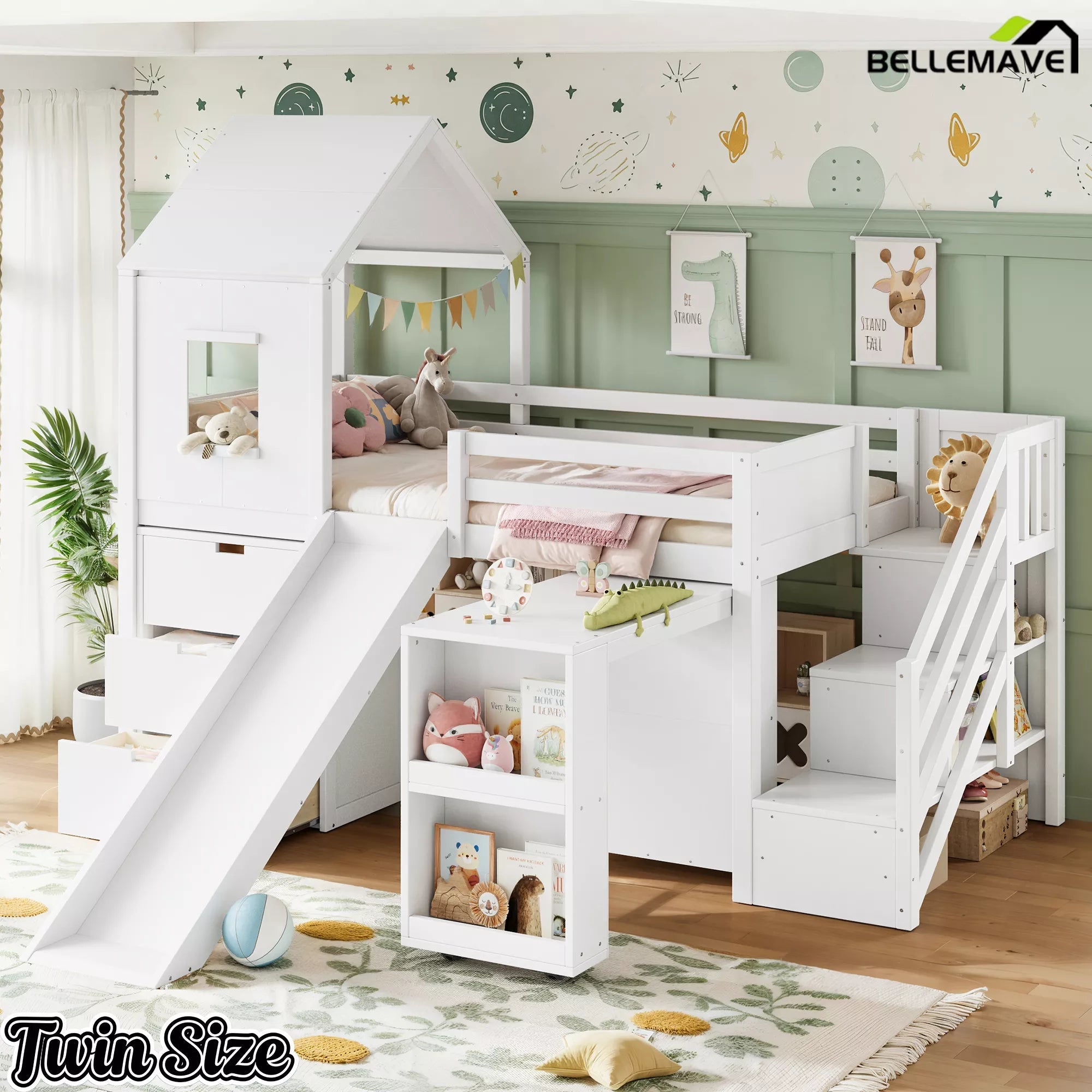 Bellemave® Kids Low Loft Bed with Slide, Storage Drawers & Desk, Playhouse House Bed with Stairs - Bellemave