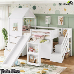 Bellemave® Kids Low Loft Bed with Slide, Storage Drawers & Desk, Playhouse House Bed with Stairs - Bellemave