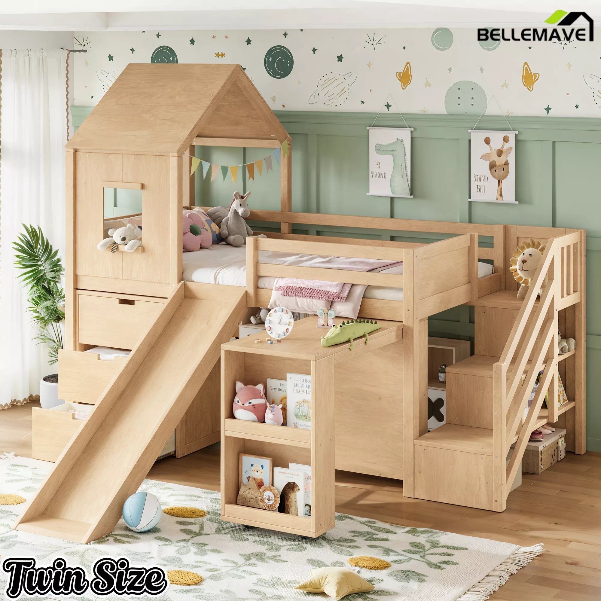Bellemave® Kids Low Loft Bed with Slide, Storage Drawers & Desk, Playhouse House Bed with Stairs - Bellemave