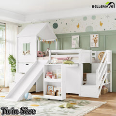 Bellemave® Kids Low Loft Bed with Slide, Storage Drawers & Desk, Playhouse House Bed with Stairs - Bellemave