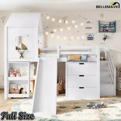 Bellemave® Kids Low Loft Bed with Slide, Storage Drawers & Desk, Playhouse House Bed with Stairs - Bellemave