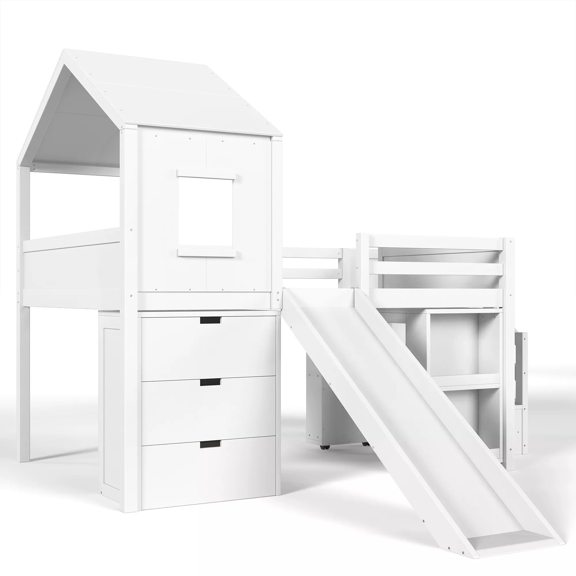 Bellemave® Kids Low Loft Bed with Slide, Storage Drawers & Desk, Playhouse House Bed with Stairs - Bellemave