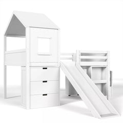 Bellemave® Kids Low Loft Bed with Slide, Storage Drawers & Desk, Playhouse House Bed with Stairs - Bellemave