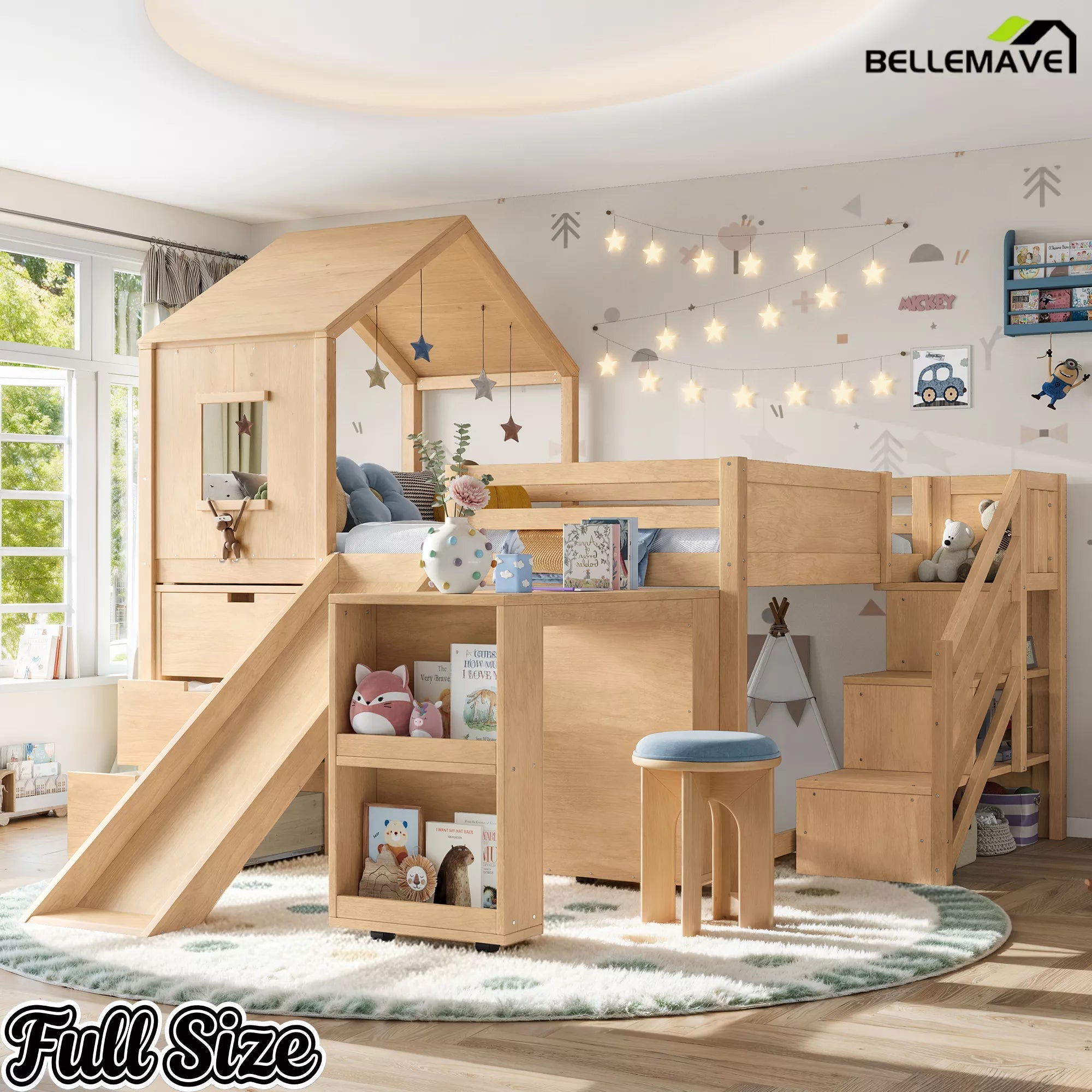 Bellemave® Kids Low Loft Bed with Slide, Storage Drawers & Desk, Playhouse House Bed with Stairs - Bellemave