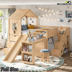 Bellemave® Kids Low Loft Bed with Slide, Storage Drawers & Desk, Playhouse House Bed with Stairs - Bellemave