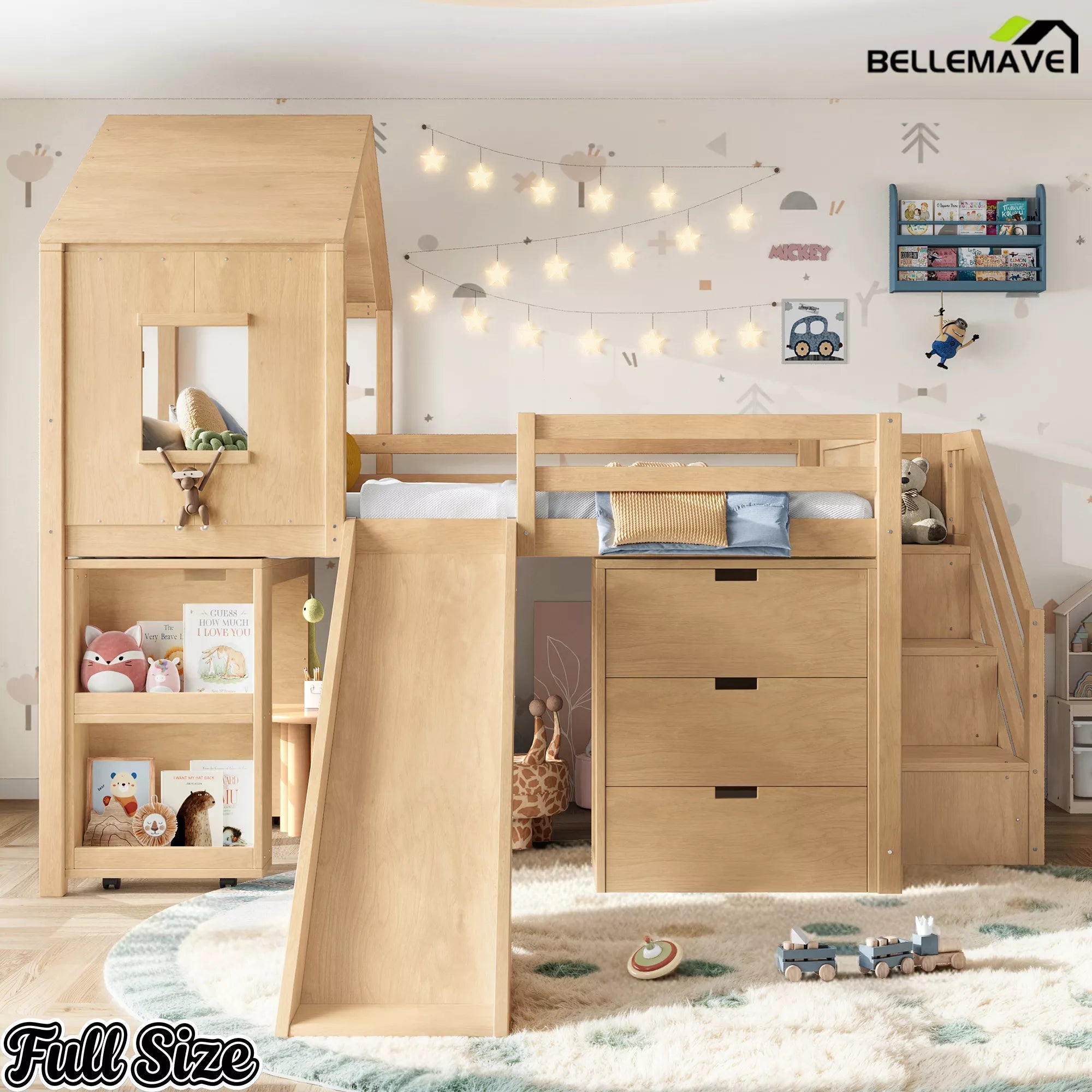 Bellemave® Kids Low Loft Bed with Slide, Storage Drawers & Desk, Playhouse House Bed with Stairs - Bellemave