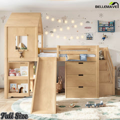 Bellemave® Kids Low Loft Bed with Slide, Storage Drawers & Desk, Playhouse House Bed with Stairs - Bellemave