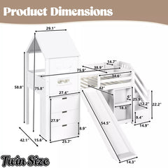 Bellemave® Kids Low Loft Bed with Slide, Storage Drawers & Desk, Playhouse House Bed with Stairs - Bellemave