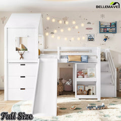 Bellemave® Kids Low Loft Bed with Slide, Storage Drawers & Desk, Playhouse House Bed with Stairs - Bellemave