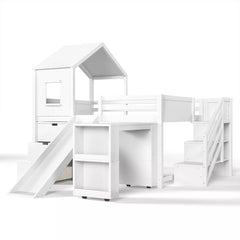 Bellemave® Kids Low Loft Bed with Slide, Storage Drawers & Desk, Playhouse House Bed with Stairs - Bellemave