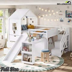 Bellemave® Kids Low Loft Bed with Slide, Storage Drawers & Desk, Playhouse House Bed with Stairs - Bellemave