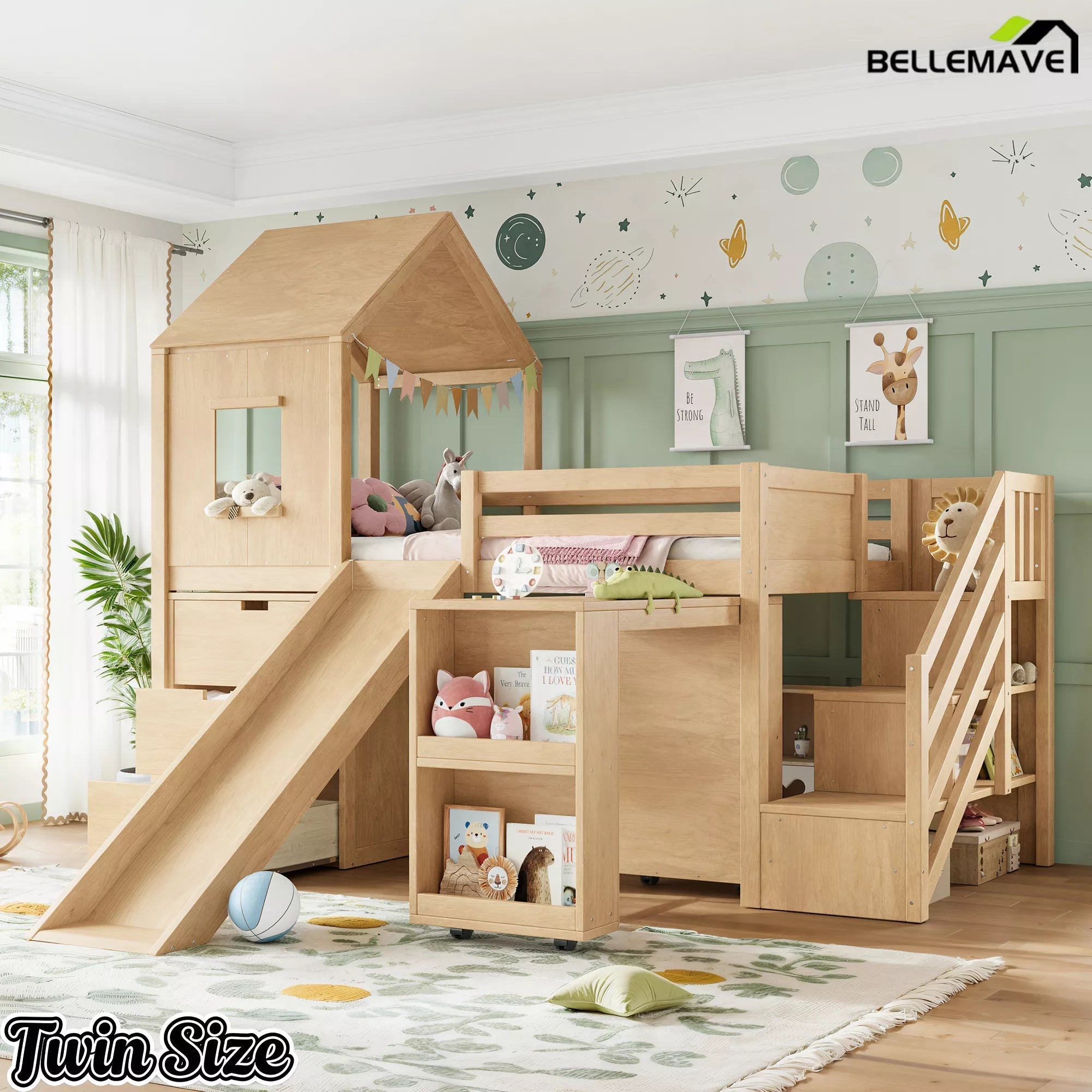 Bellemave® Kids Low Loft Bed with Slide, Storage Drawers & Desk, Playhouse House Bed with Stairs - Bellemave
