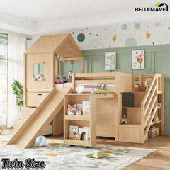 Bellemave® Kids Low Loft Bed with Slide, Storage Drawers & Desk, Playhouse House Bed with Stairs - Bellemave