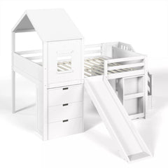 Bellemave® Kids Low Loft Bed with Slide, Storage Drawers & Desk, Playhouse House Bed with Stairs - Bellemave