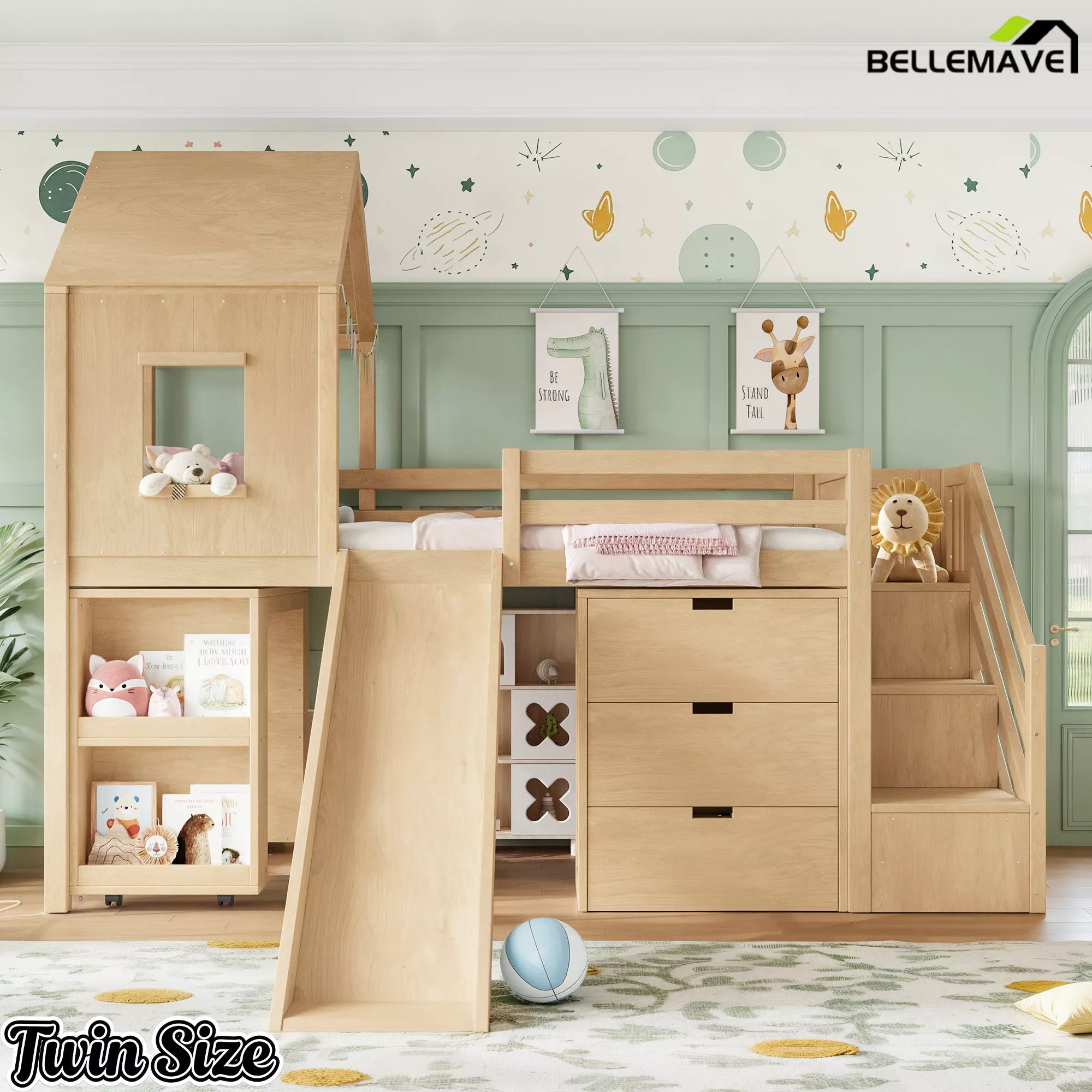 Bellemave® Kids Low Loft Bed with Slide, Storage Drawers & Desk, Playhouse House Bed with Stairs - Bellemave