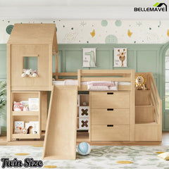 Bellemave® Kids Low Loft Bed with Slide, Storage Drawers & Desk, Playhouse House Bed with Stairs - Bellemave