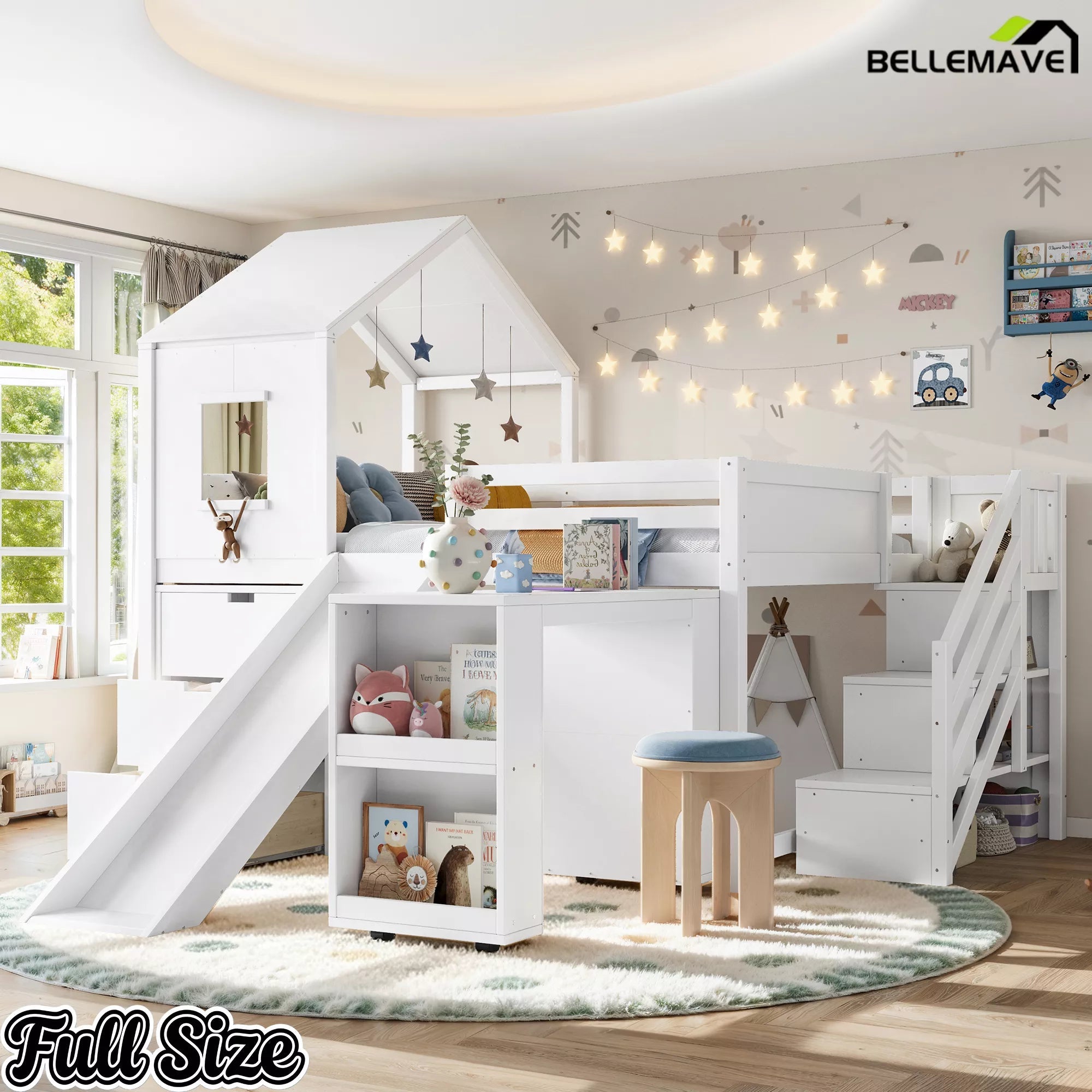 Bellemave® Kids Low Loft Bed with Slide, Storage Drawers & Desk, Playhouse House Bed with Stairs - Bellemave