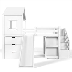 Bellemave® Kids Low Loft Bed with Slide, Storage Drawers & Desk, Playhouse House Bed with Stairs - Bellemave