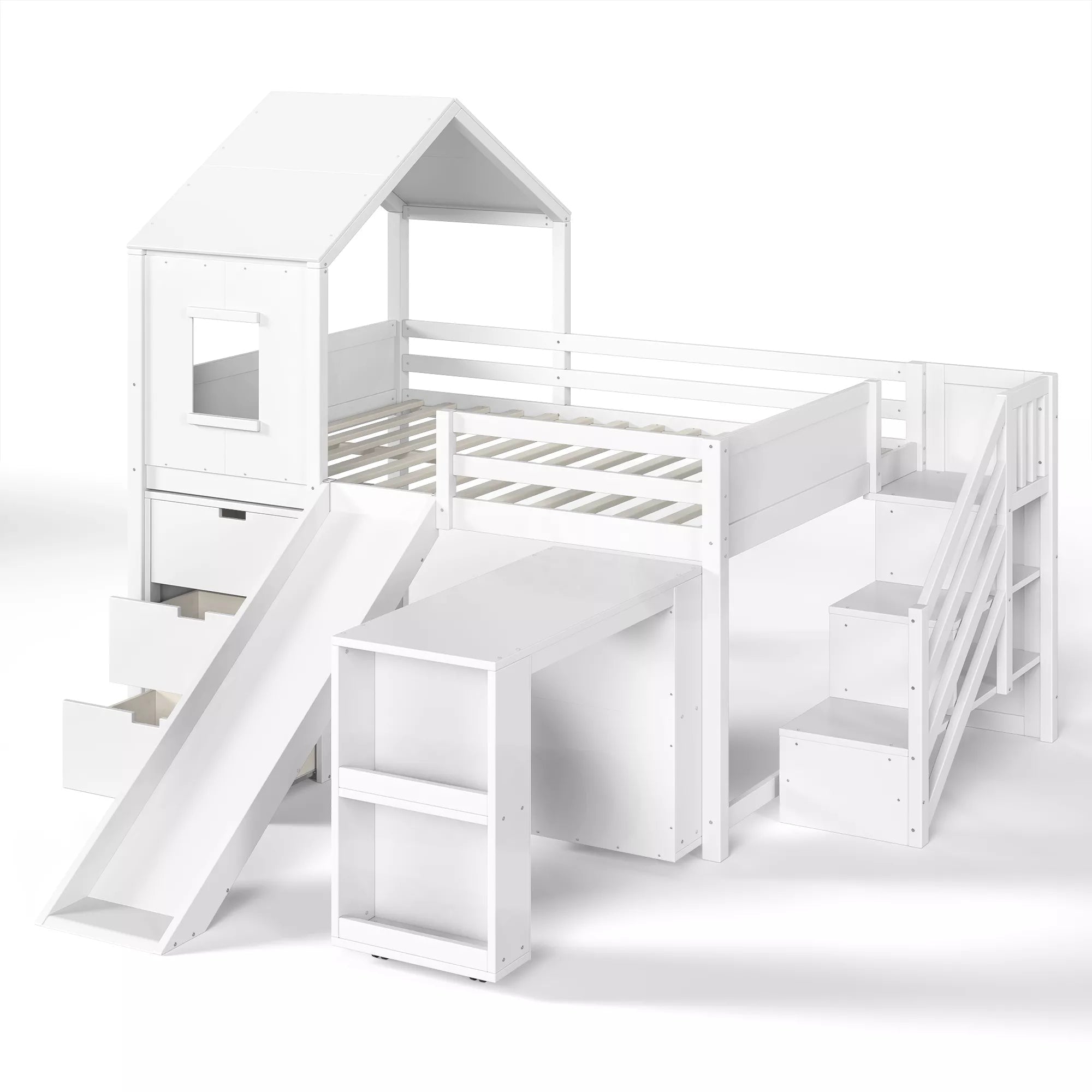Bellemave® Kids Low Loft Bed with Slide, Storage Drawers & Desk, Playhouse House Bed with Stairs - Bellemave