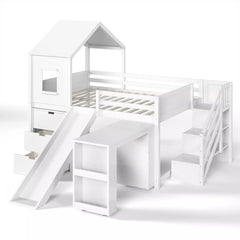 Bellemave® Kids Low Loft Bed with Slide, Storage Drawers & Desk, Playhouse House Bed with Stairs - Bellemave