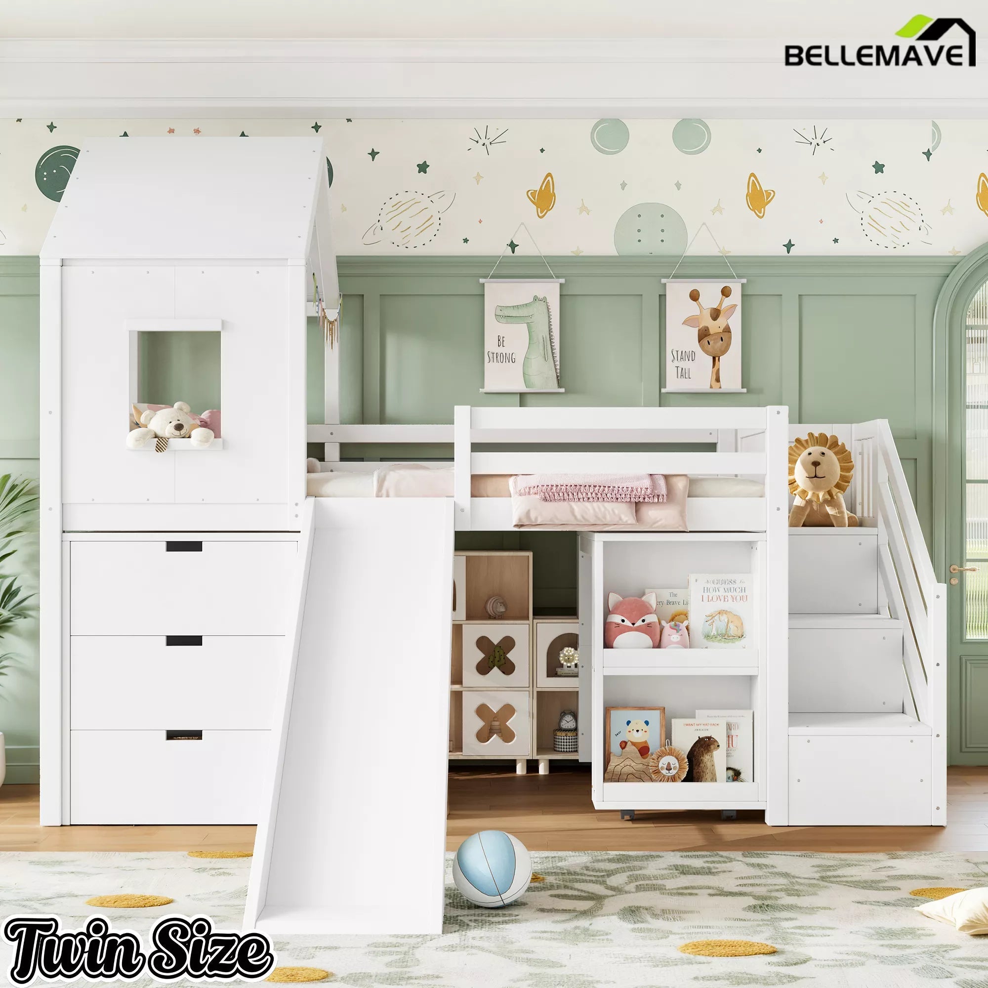 Bellemave® Kids Low Loft Bed with Slide, Storage Drawers & Desk, Playhouse House Bed with Stairs - Bellemave