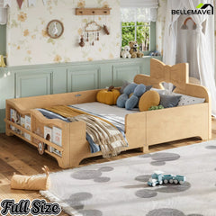 Bellemave® Kids Low‑Profile Solid Wood Platform Bed, Bowknot Headboard, Full Surround Guardrails, Built‑in Side Bookshelf, No Box Spring Needed - Bellemave