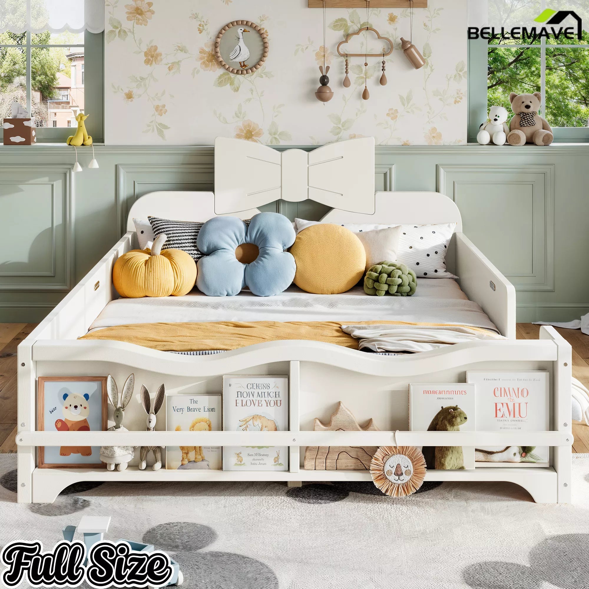 Bellemave® Kids Low‑Profile Solid Wood Platform Bed, Bowknot Headboard, Full Surround Guardrails, Built‑in Side Bookshelf, No Box Spring Needed - Bellemave