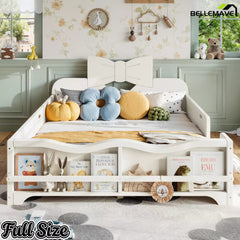 Bellemave® Kids Low‑Profile Solid Wood Platform Bed, Bowknot Headboard, Full Surround Guardrails, Built‑in Side Bookshelf, No Box Spring Needed - Bellemave