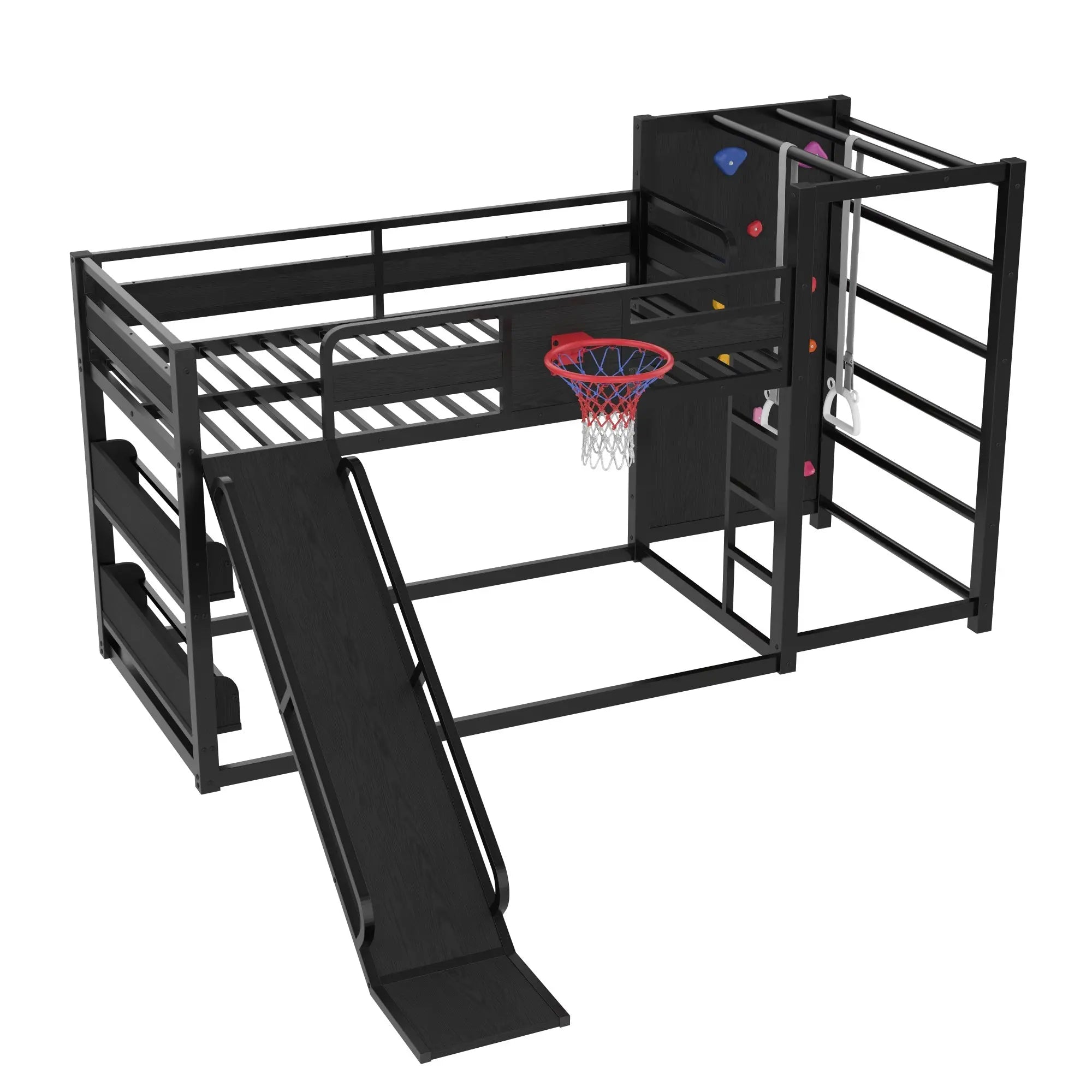 Bellemave® Kids Metal Twin/Full Bunk Bed with Slide, Basketball Hoop and Climbing Wall, Space - Saving Play Loft Bed Frame, Black - Bellemave