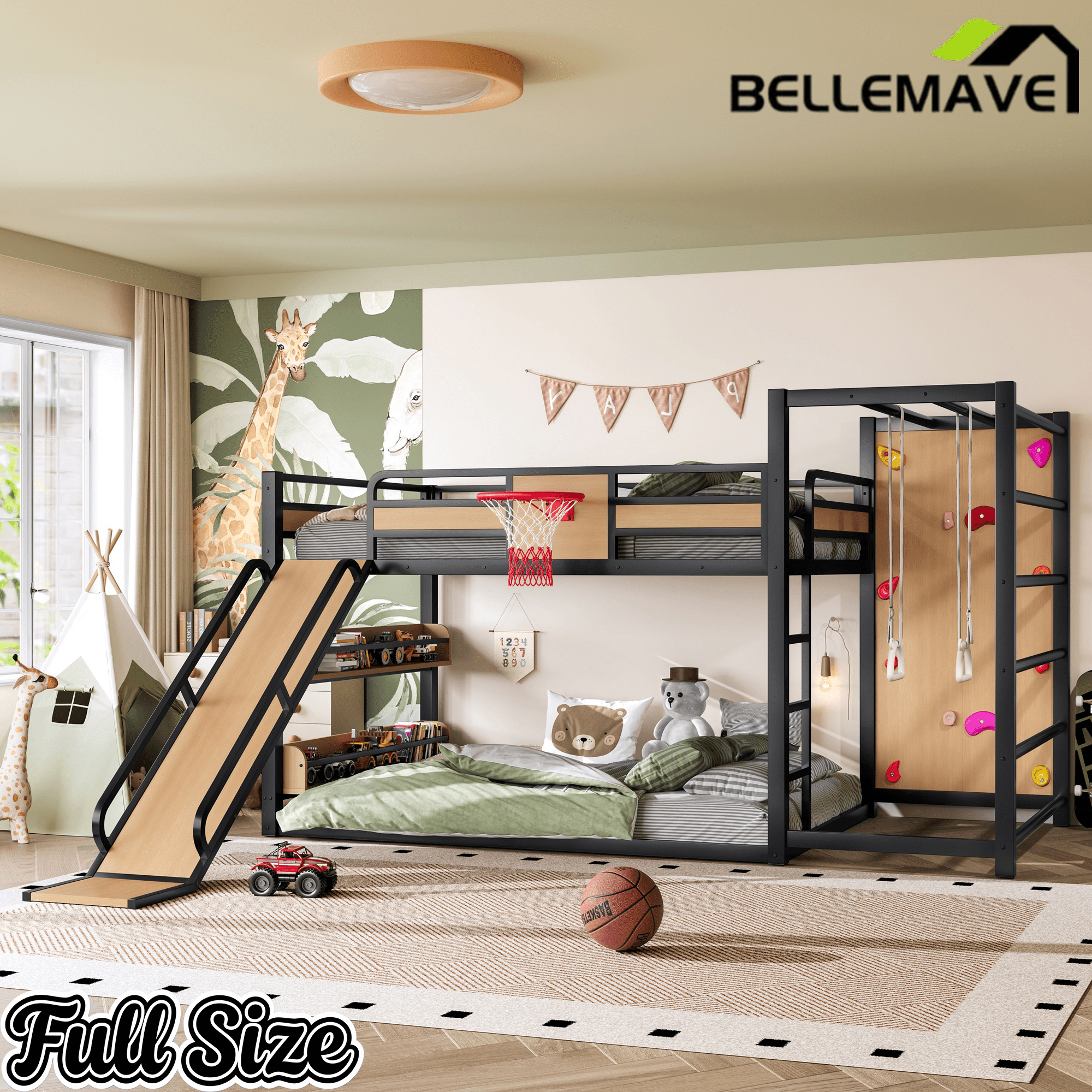 Bellemave® Kids Metal Twin/Full Bunk Bed with Slide, Basketball Hoop and Climbing Wall, Space - Saving Play Loft Bed Frame, Black - Bellemave